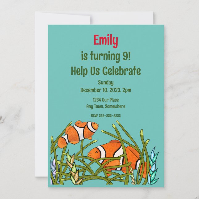 Under The Sea Clown Fish Birthday, Personalise Invitation (Front)