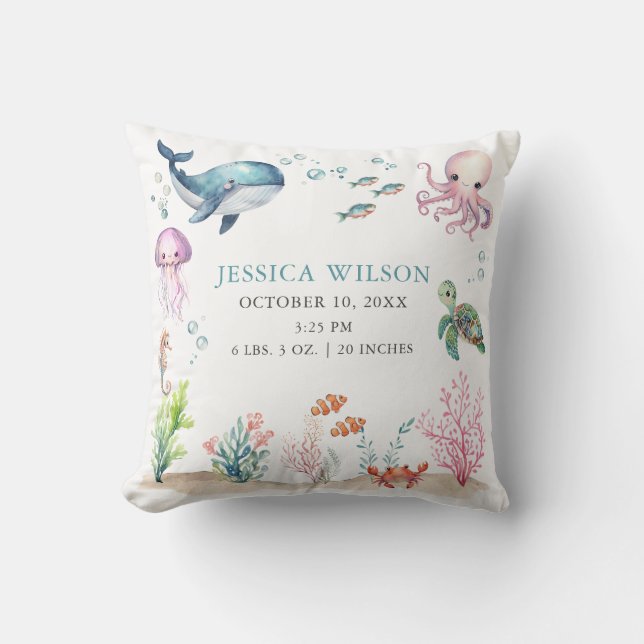 Under The Sea Colourful Ocean Baby Birth Stat Cushion (Front)