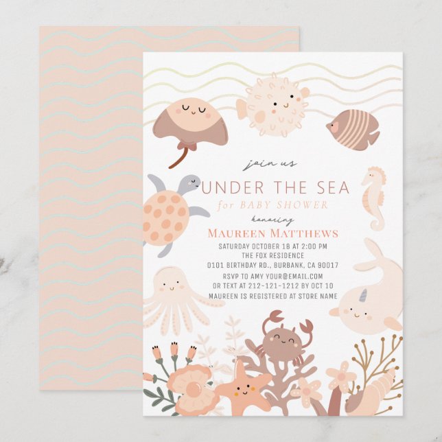 Under the Sea Creatures Pink Boho Baby Shower Invitation (Front/Back)