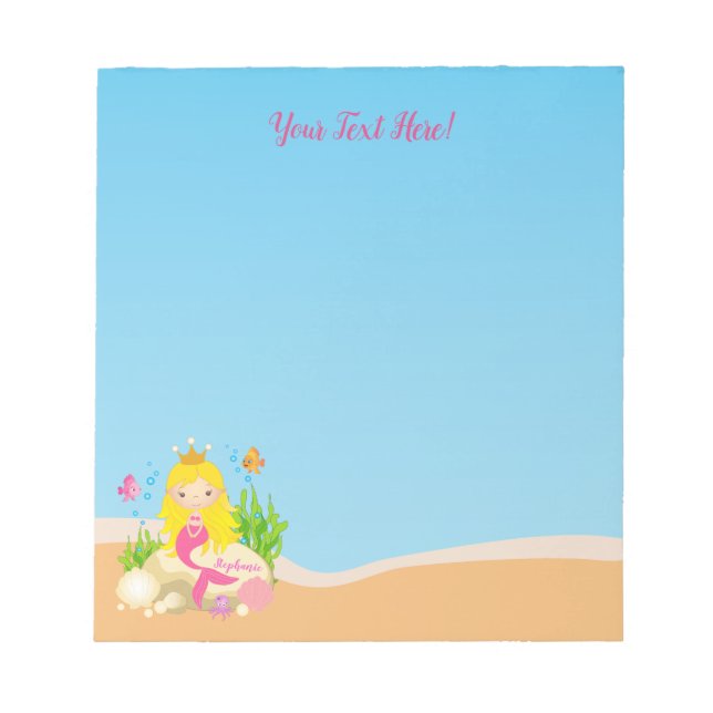 Under the Sea Cute Blonde Mermaid Custom Name Notepad (Front)