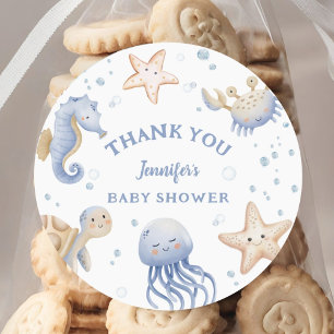 Under The Sea! Cute Blue Boy Baby Shower Classic Round Sticker