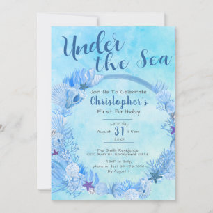 Under the Sea Cute Blue Boy's 1st Birthday Party Invitation