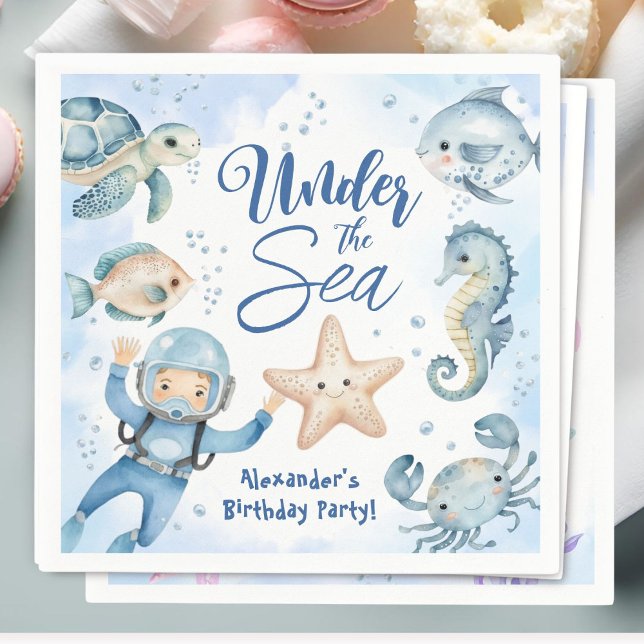 Under The Sea! Cute Boy Blue Ocean Birthday Party Napkin (Creator Uploaded)