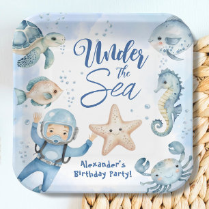 Under The Sea! Cute Boy Blue Ocean Birthday Party Paper Plate