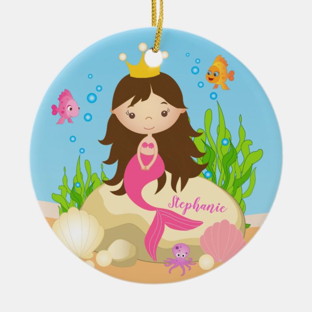Under the Sea Cute Brunette Mermaid Custom Name Ceramic Tree Decoration (Front)