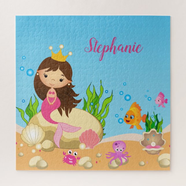 Under the Sea Cute Brunette Mermaid Custom Name Jigsaw Puzzle (Vertical)