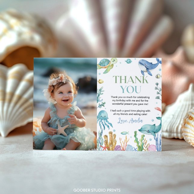 Under the Sea Cute Ocean Animals Birthday Photo Thank You Card (Creator Uploaded)