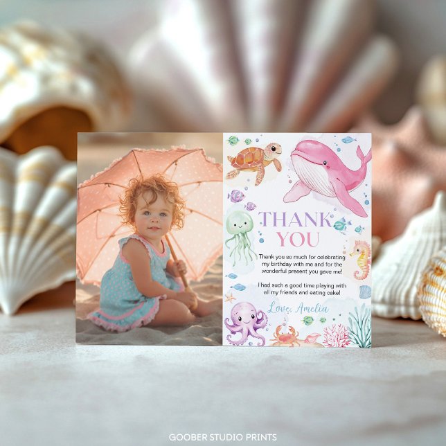 Under the Sea Cute Ocean Animals Birthday Photo Thank You Card (Creator Uploaded)