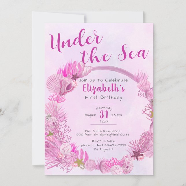 Under the Sea Cute Pink Girl 1st Birthday Party Invitation (Front)