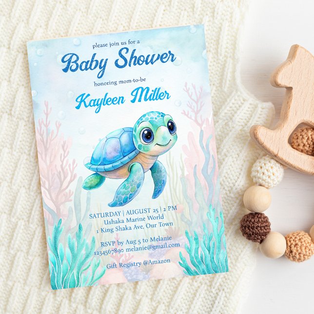 Under the sea cute turtle aqua blue baby shower invitation (Under the sea cute turtle aqua blue baby shower invitation editable template instant download)
