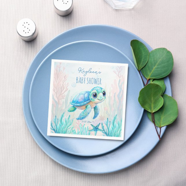 Under the sea cute turtle aqua blue baby shower napkin (Under the sea cute baby sea turtle aqua blue boy baby shower personalized monogram printed napkins )