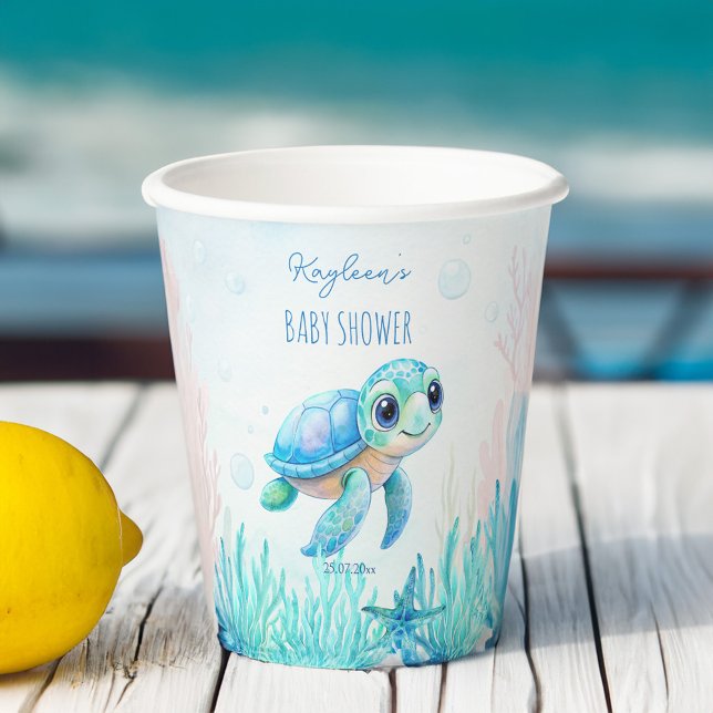Under the sea cute turtle aqua blue baby shower paper cups (Under the sea cute turtle aqua blue boy baby shower monogram personalized paper cups table decor)