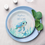 Under the sea cute turtle aqua blue baby shower paper plate<br><div class="desc">Under the sea cute sea turtle aqua blue baby shower personalised monogram printed paper plates template,  sip and sea baby boy baby shower personalised table decor paper plates</div>