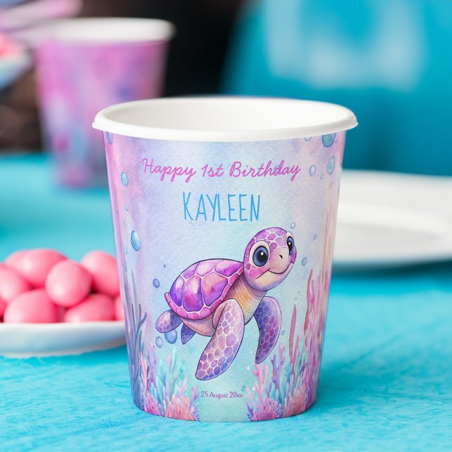 Under the sea cute turtle pink purple birthday paper cups (Under the sea cute turtle pink purple happy birthday party customized paper cups custom table decor)