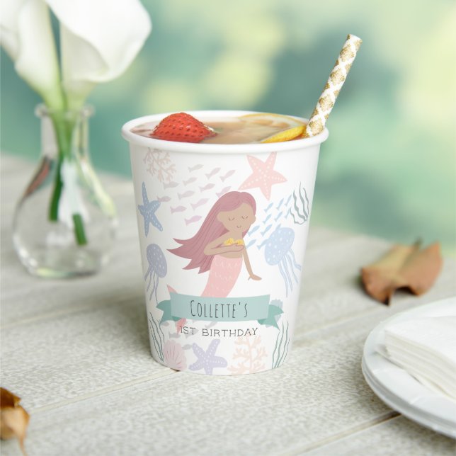 Under the Sea Dark Skin Mermaid White Birthday Paper Cups (Insitu)