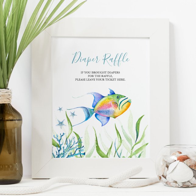 Under The Sea Diaper Raffle Baby Shower Sign (fun baby shower games diaper raffle sign features tropical fish art by Victoria Grigaliunas)