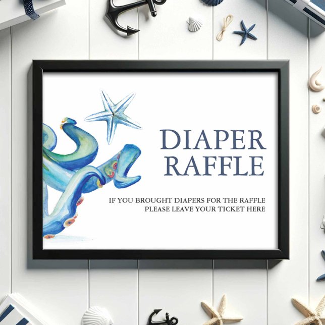 Under The Sea Diaper Raffle Baby Shower Sign (Baby shower decor nautical diaper raffle sign watercolor blue octopus and starfish Do Tell A Belle)