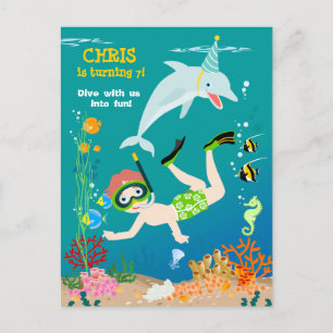 Under the sea dolphins and boy birthday party invitation postcard