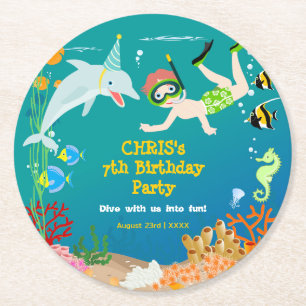 Under the sea dolphins and boy birthday party round paper coaster