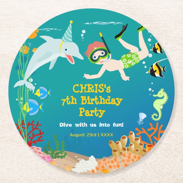 Under the sea dolphins and boy birthday party round paper coaster (Front)
