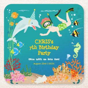 Under the sea dolphins and boy birthday party square paper coaster