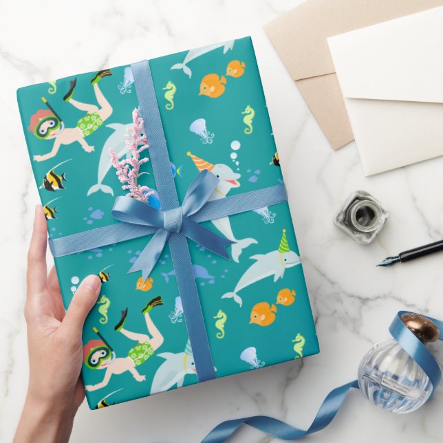 Under the sea dolphins and boy birthday party wrapping paper (Gifting)