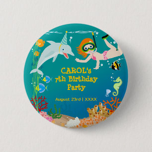 Under the sea dolphins and girl Birthday Party 6 Cm Round Badge
