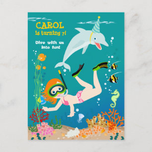 Under the sea dolphins and girl Birthday Party Invitation Postcard