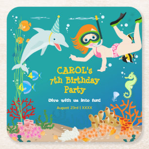 Under the sea dolphins and girl Birthday Party Square Paper Coaster