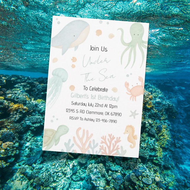Under the Sea First Birthday Invitation (Ocean-themed birthday invitation design with playful under the sea illustrations.)