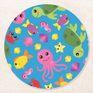 Under the Sea Fish Birthday Party Round Paper Coaster