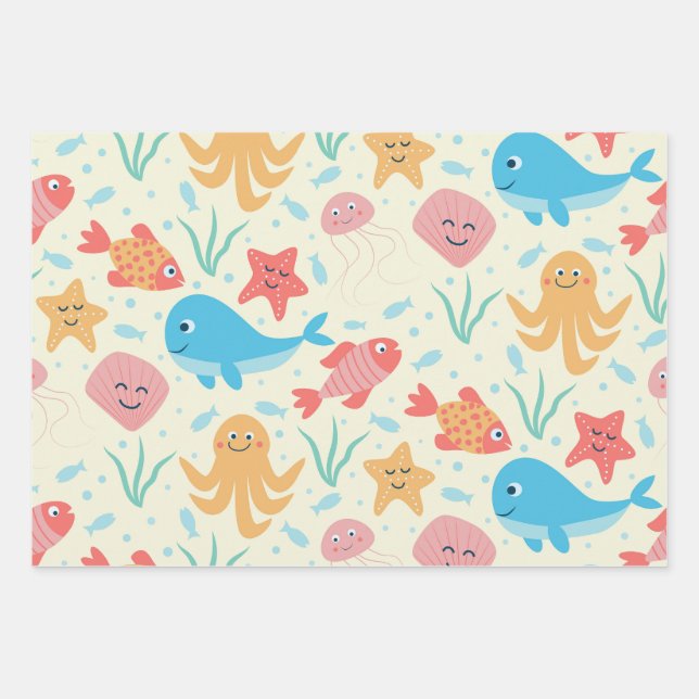 Under the Sea Funny Colourful Creatures Pattern  Wrapping Paper Sheet (Front)