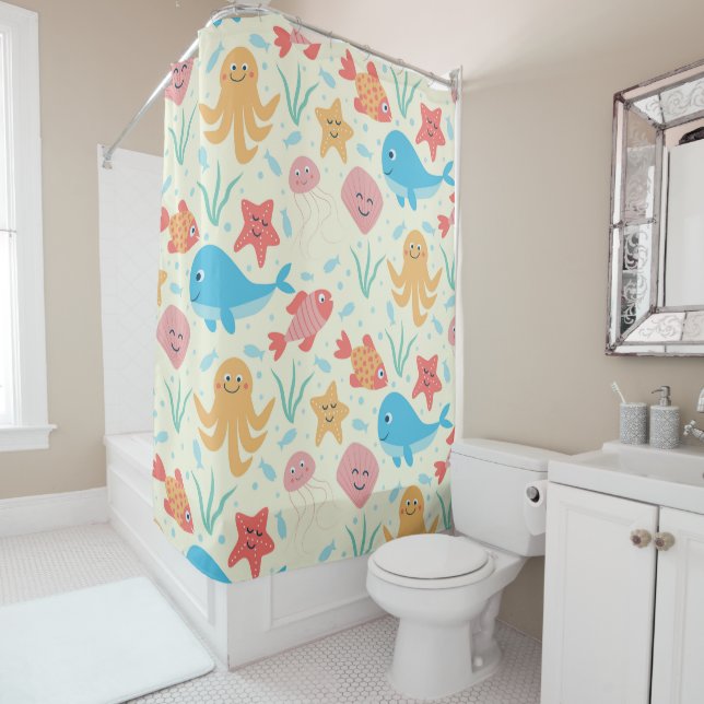 Under the Sea Funny Marine Creatures Pattern  Shower Curtain (In Situ)