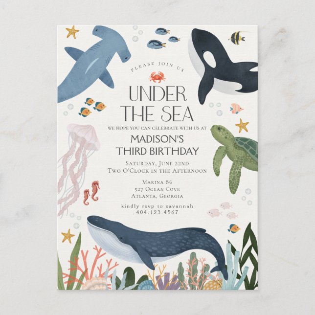 Under The Sea Gender Neutral Birthday Invite Postcard (Front)