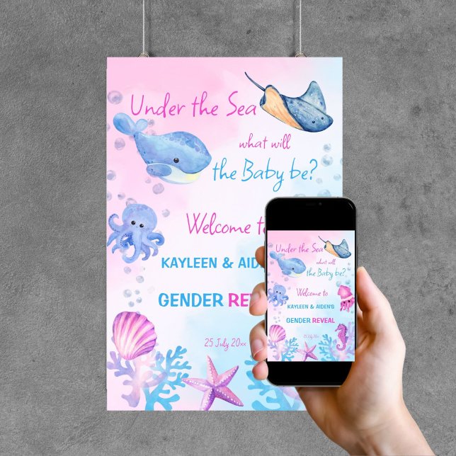 Under the sea gender reveal welcome sign (Under the sea gender reveal party welcome sign poster template digital download cute pink and blue)
