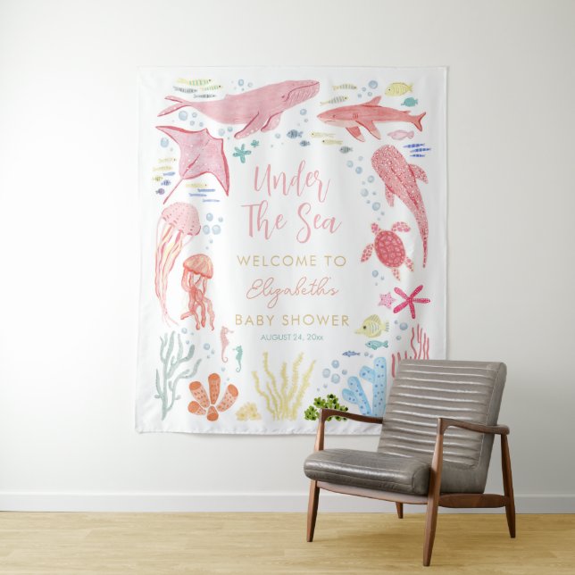 Under The Sea Girl Baby Shower Welcome Tapestry (In Situ)