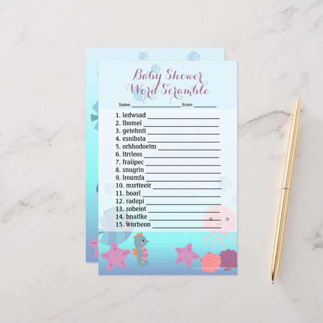 Under the Sea Girl Baby Shower Word Scramble Game (Front/Back In Situ)