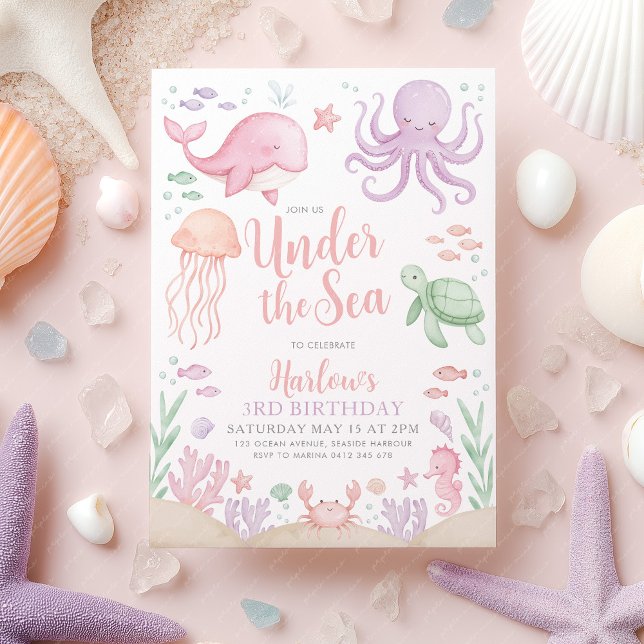 Under The Sea Girl Birthday Invitation (Under the Sea Birthday Invitation | Girl's ocean animal birthday invite in purple and pink)