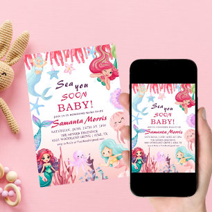 Under the Sea Girls, Mermaid animals baby shower I Invitation