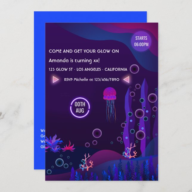 Under the Sea Glow Birthday Party Invitation (Front/Back)