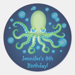 Under the Sea Green Octopus Birthday Stickers
