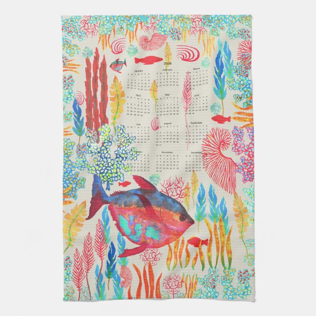 Under the Sea handpainted watercolor 2026 calendar Tea Towel (Vertical)
