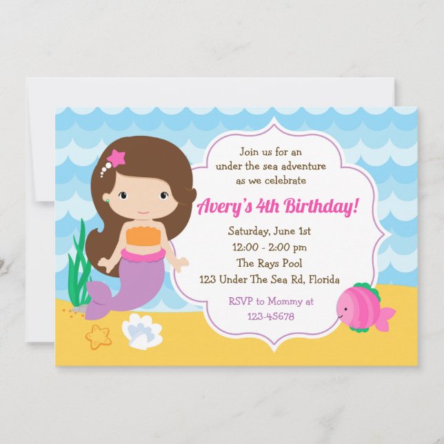 Under The Sea Invitation (Girl) - Mermaid & Fish (Front)