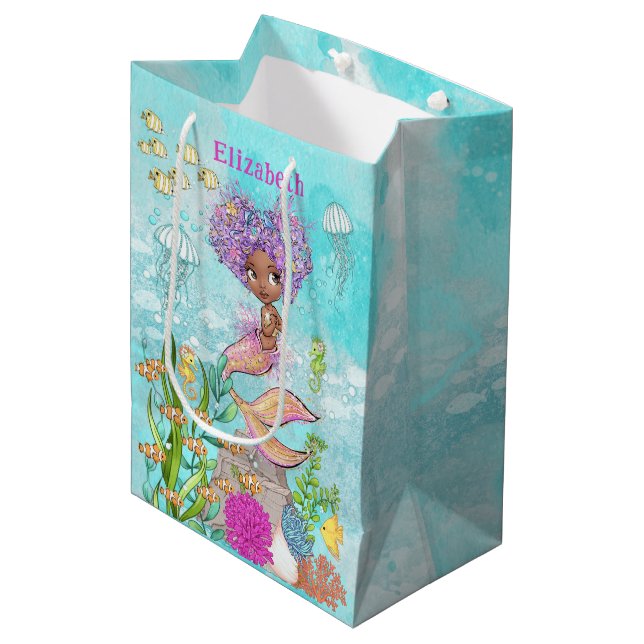 Under the Sea Little Brown Mermaid Birthday Medium Gift Bag (Front Angled)