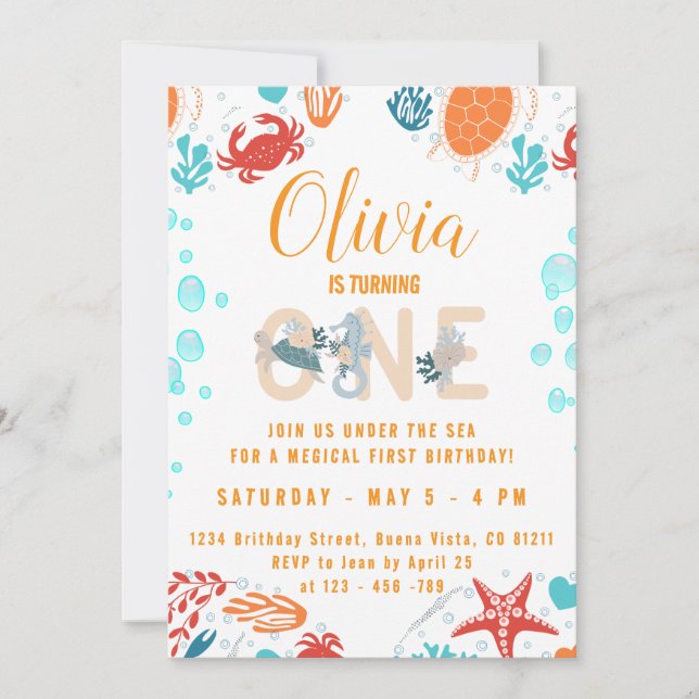 Under the Sea Little Girl One Birthday Invitations (Front)