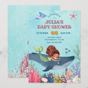 Under the sea little mermaid and whale baby shower invitation