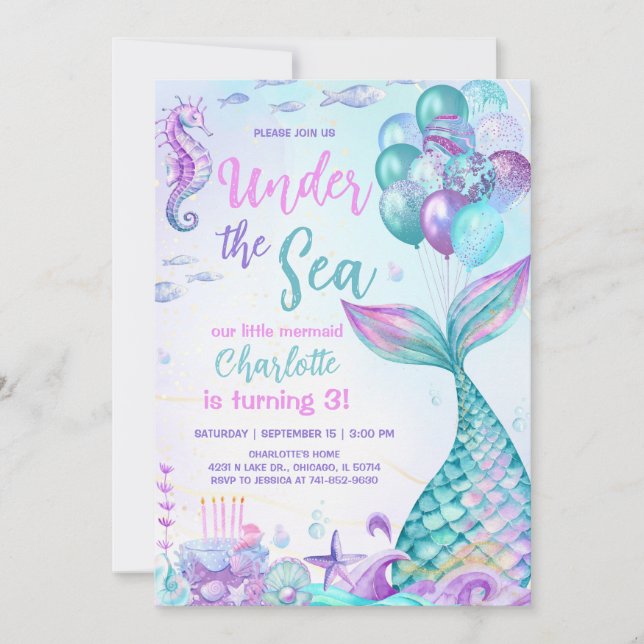 Under the Sea Mermaid 3rd Birthday Invitation (Front)