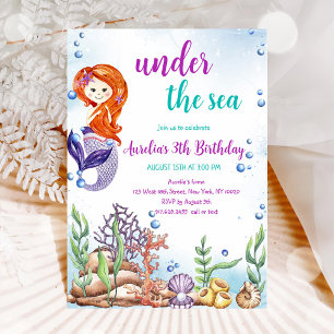 Under The Sea Mermaid 3th Birthday Party  Invitation