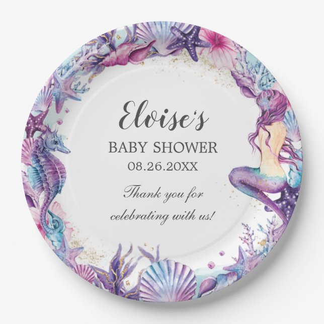 Under the Sea Mermaid Baby Shower Purple Turquoise Paper Plate (Front)