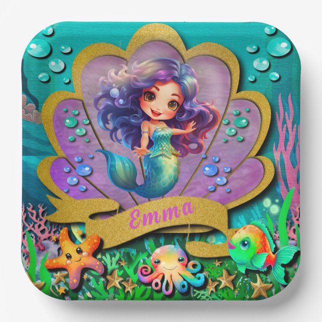 Under The Sea & Mermaid Birthday Girl Party Paper Plate (Front)